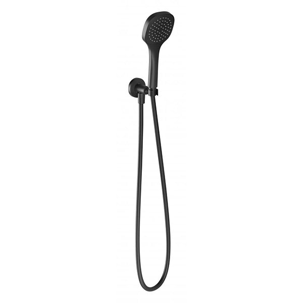 Phoenix Teva hand shower in matte black with oval handpiece, hose and wall bracket on white background