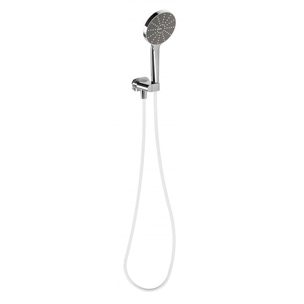 Phoenix NX Vive round hand shower in chrome with white hose and wall bracket on white background