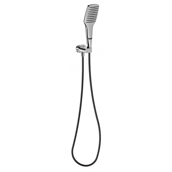 Phoenix NX Cape hand shower in chrome with black trim and black hose, shown on white background