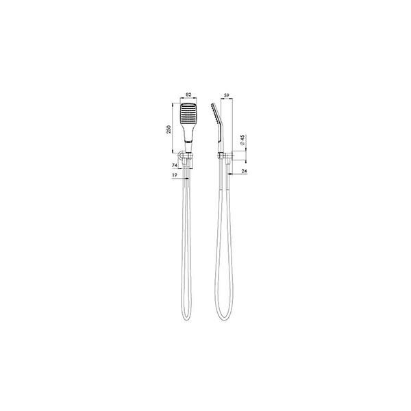 Phoenix NX Cape hand shower technical drawing in chrome and black, front and side views with measurements and hose outlined