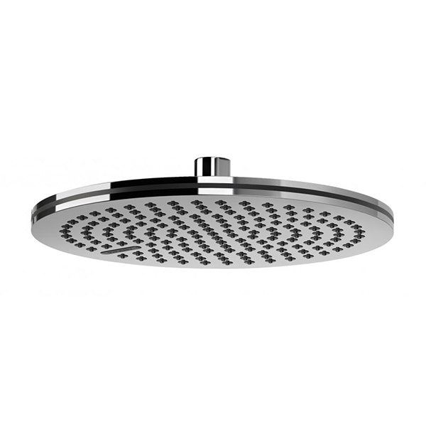 Phoenix NX Quil round shower rose in chrome with black trim, front view, 250mm rain shower head