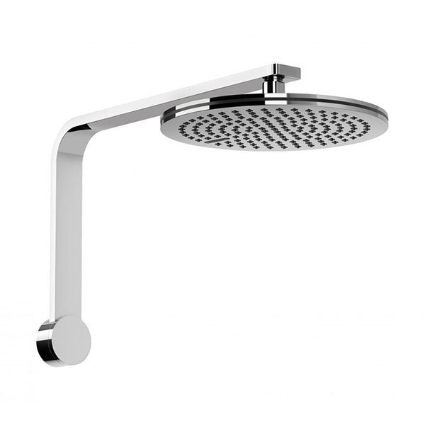 Phoenix NX Quil chrome wall shower arm and round rose with black trim, side view