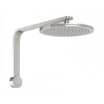 Phoenix NX Quil wall shower arm and round rose in brushed nickel, shown front view on white background