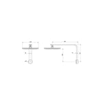 Technical drawing of Phoenix NX Quil shower arm and rose in brushed nickel, showing front and side views with dimensions