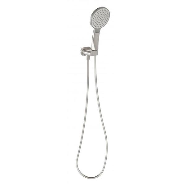 Phoenix NX Quil round hand shower in brushed nickel with hose and wall bracket on white background
