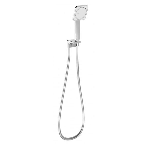 Phoenix NX ORLI chrome square hand shower with hose and wall bracket, shown front on on white background