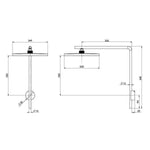 Phoenix NX IKO shower arm and 250mm round rose in matte black, shown in technical drawing with dimensions