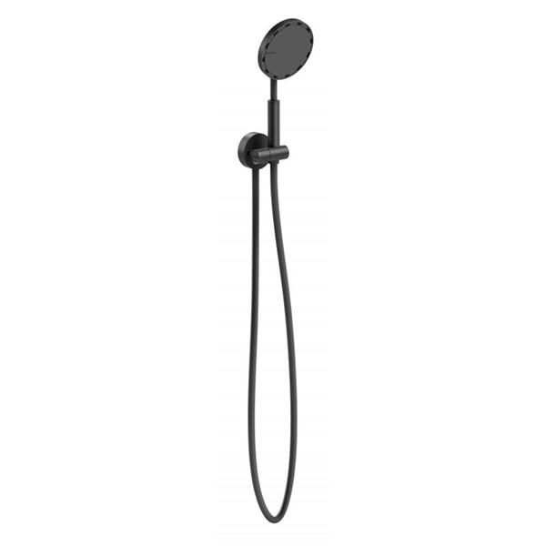 Phoenix NX IKO matte black round hand shower with wall bracket and hose on white background