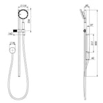 Phoenix NX IKO chrome rail shower technical drawing with round hand shower, hose and dimensions shown front and side views