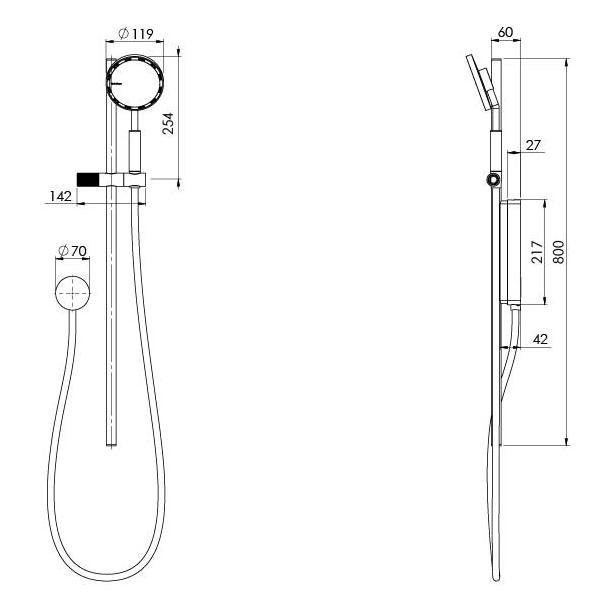Phoenix NX IKO chrome rail shower technical drawing with round hand shower, hose and dimensions shown front and side views