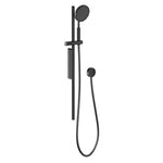 Phoenix NX IKO rail shower in matte black, with round handpiece, rail, hose and wall outlet on white background