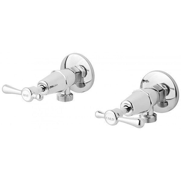 Phoenix Rhapsody chrome washing machine stops with lever handles, wall-mounted pair on white background