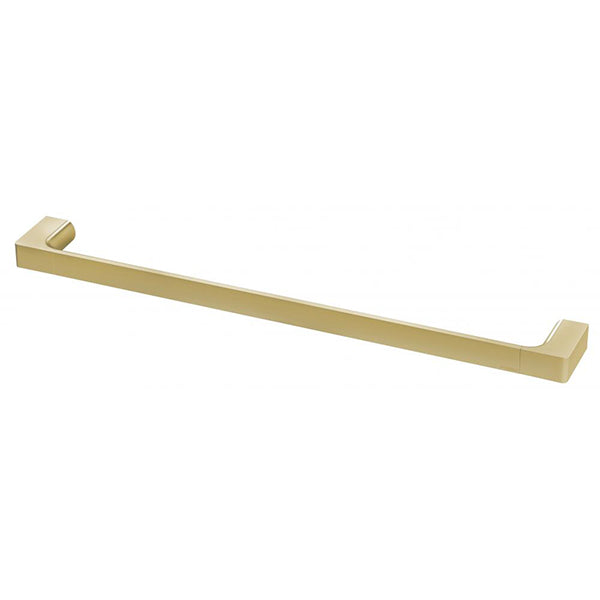 Phoenix Gloss single towel rail in brushed gold, 600mm, with square wall brackets on a white background