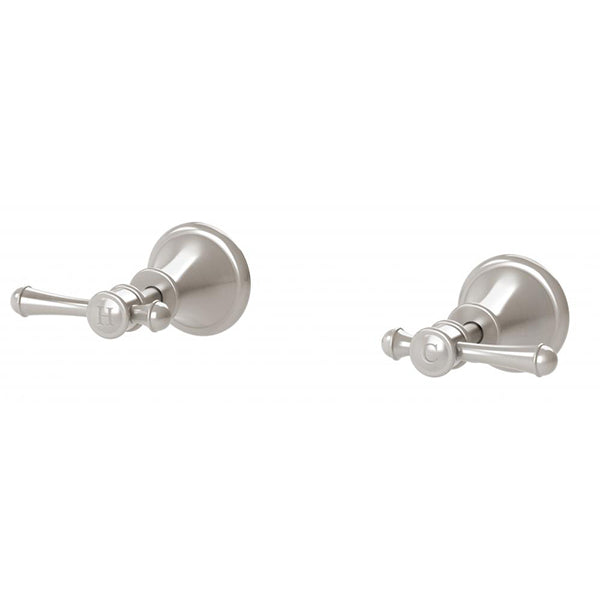 Phoenix Nostalgia lever wall top assemblies in brushed nickel, shown as hot and cold tap heads on white background