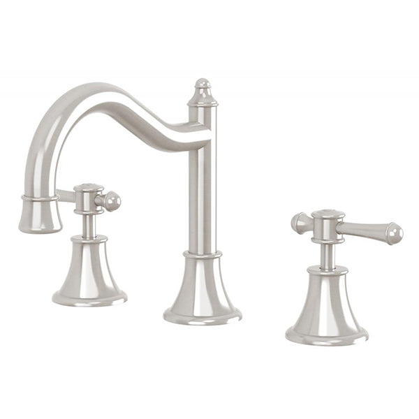Phoenix Nostalgia brushed nickel basin set with shepherds crook spout and lever handles, three-piece classic tapware set
