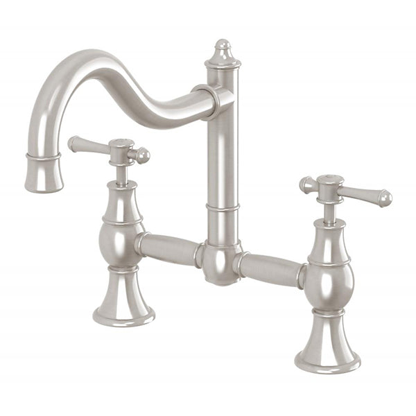 Phoenix Nostalgia exposed sink set in brushed nickel, with twin lever handles and curved swivel spout on white background