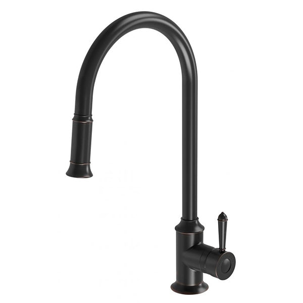 Phoenix Nostalgia pull out sink mixer in antique black, hob mounted with high gooseneck spout and lever handle, front view