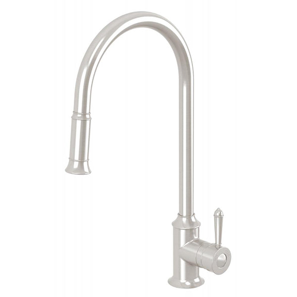 Phoenix Nostalgia pull out sink mixer in brushed nickel, heritage-style hob mounted tap with high curved gooseneck spout and lever handle
