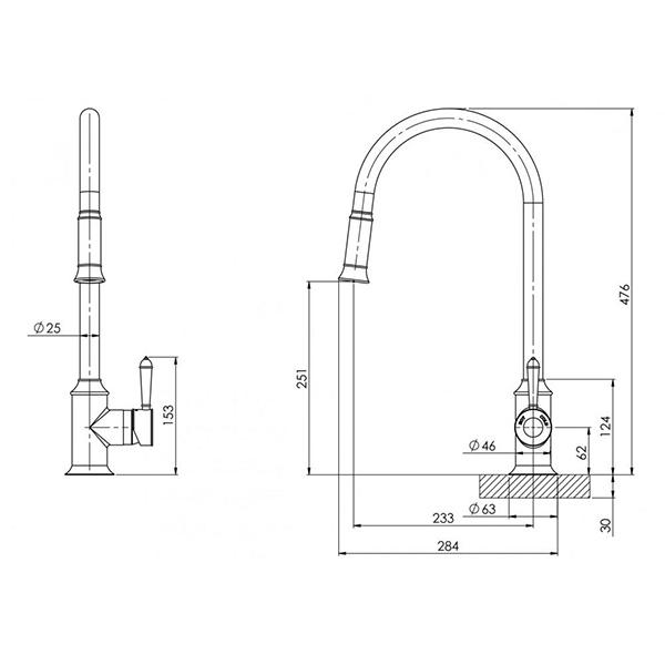 Phoenix Nostalgia pull out sink mixer technical drawing in antique black, showing side and front dimensions for hob-mounted tap