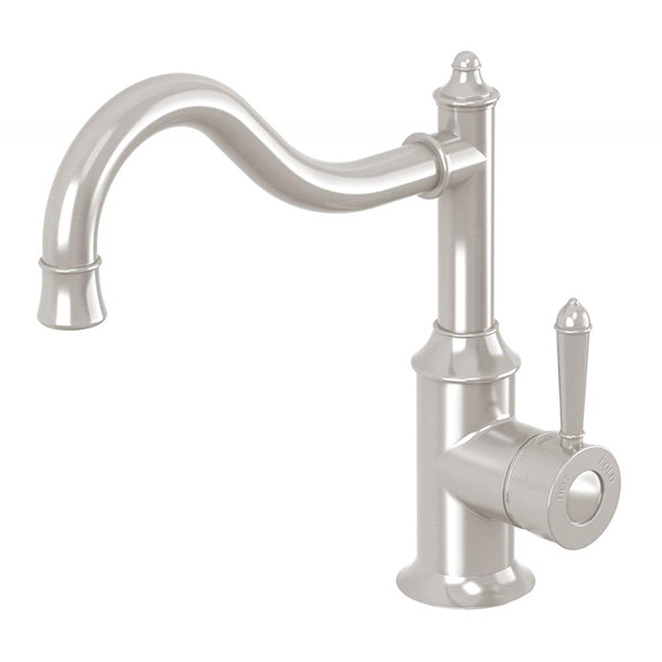 Phoenix Nostalgia shepherds crook sink mixer, brushed nickel, hob mounted with traditional lever handle and gooseneck spout