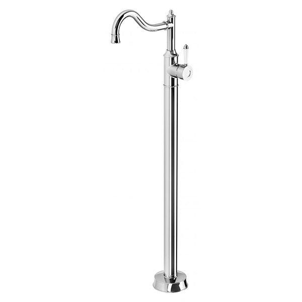 Phoenix Nostalgia floor mounted bath mixer in chrome and white, with swivel spout and tall freestanding column