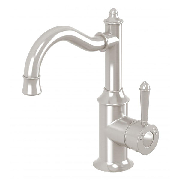 Phoenix Nostalgia basin mixer tap in brushed nickel, with shepherds crook spout and lever handle, on white background