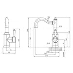 Phoenix Nostalgia basin mixer technical drawing, Antique Black, with shepherds crook spout and dimensions shown