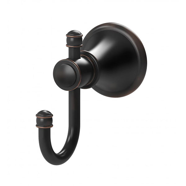 Phoenix Nostalgia robe hook in antique black, traditional wall hook with round backplate on white background