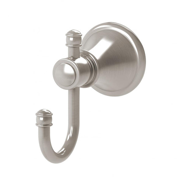 Phoenix Nostalgia robe hook in brushed nickel, traditional wall-mounted bathroom accessory with round backplate and curved hook