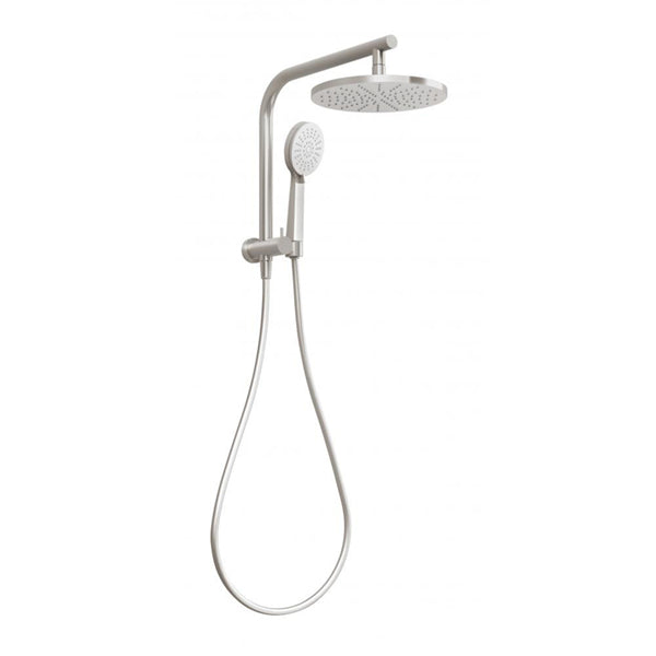 Phoenix Vivid Slimline compact twin shower in brushed nickel, with round overhead drencher and handheld shower on wall rail