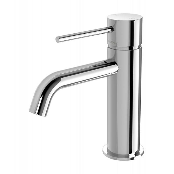 Phoenix Vivid Slimline chrome basin mixer with curved outlet and slim lever handle, side view on white background