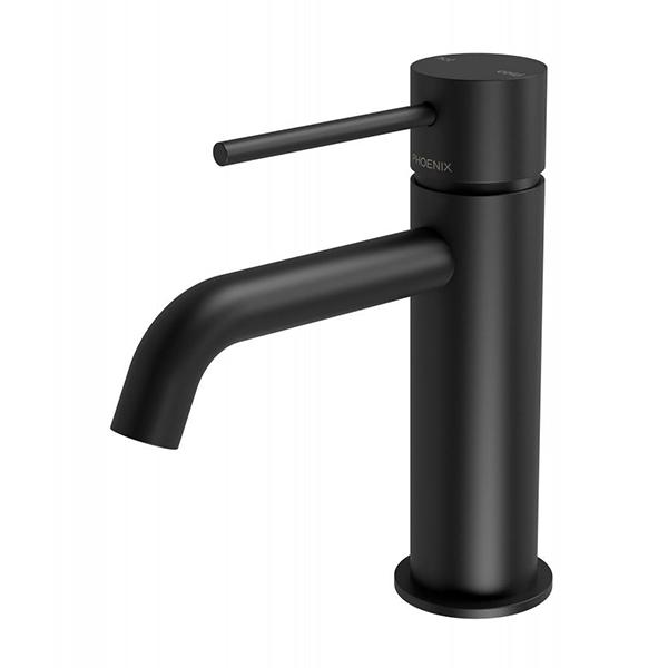 Phoenix Vivid Slimline basin mixer tap with curved outlet in matte black, side view on white background