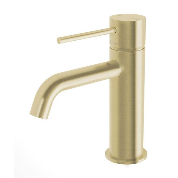Phoenix Vivid Slimline basin mixer with curved outlet in brushed gold, side view on white background