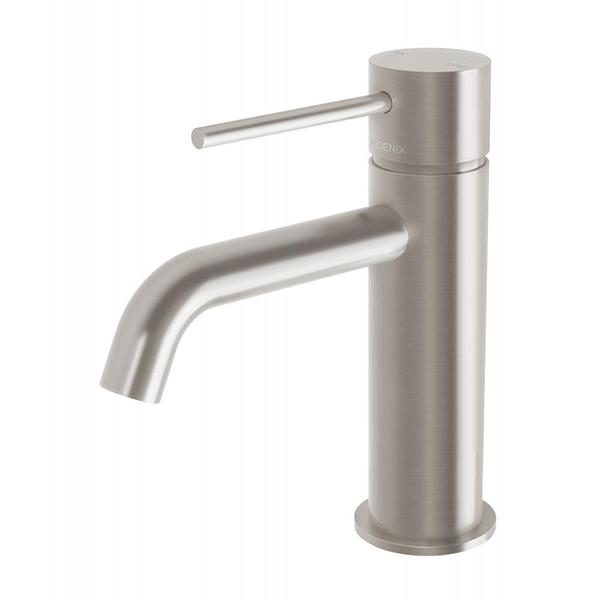 Phoenix Vivid Slimline basin mixer tap, brushed nickel, with curved outlet and slim lever handle on white background