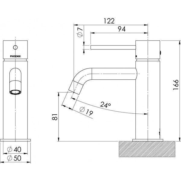 Phoenix Vivid Slimline basin mixer technical drawing in matte black, showing curved outlet and dimensions from side and front views