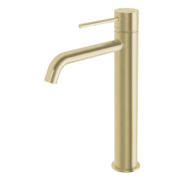 Phoenix Vivid Slimline vessel mixer tap with curved outlet, brushed gold, tall hob-mounted bathroom basin tap