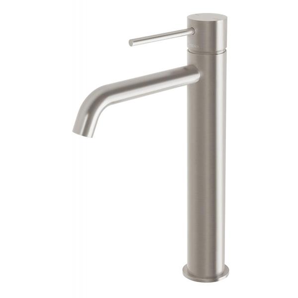 Phoenix Vivid Slimline vessel mixer tap, brushed nickel, with curved outlet and slim lever handle on white background