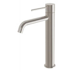 Phoenix Vivid Slimline vessel mixer tap, brushed nickel, with curved outlet and slim lever handle on white background