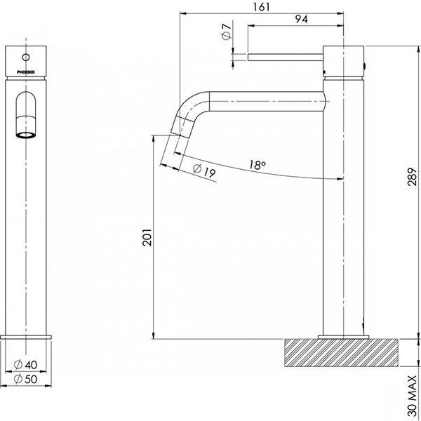 Phoenix Vivid Slimline vessel mixer curved outlet, brushed nickel, technical drawing with dimensions and side view
