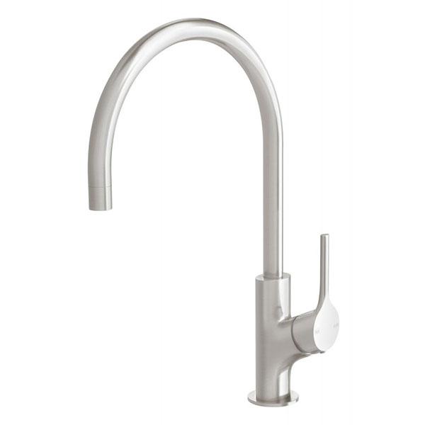 Phoenix Vivid Slimline oval sink mixer in brushed nickel, with 220mm gooseneck spout on white background