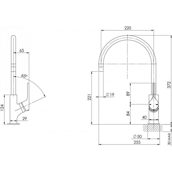 Phoenix Vivid Slimline oval gooseneck sink mixer technical drawing in chrome, showing 220mm height and side and front views