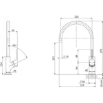 Technical drawing of Phoenix Vivid Slimline oval sink mixer, 220mm gooseneck, brushed nickel, with dimensions shown