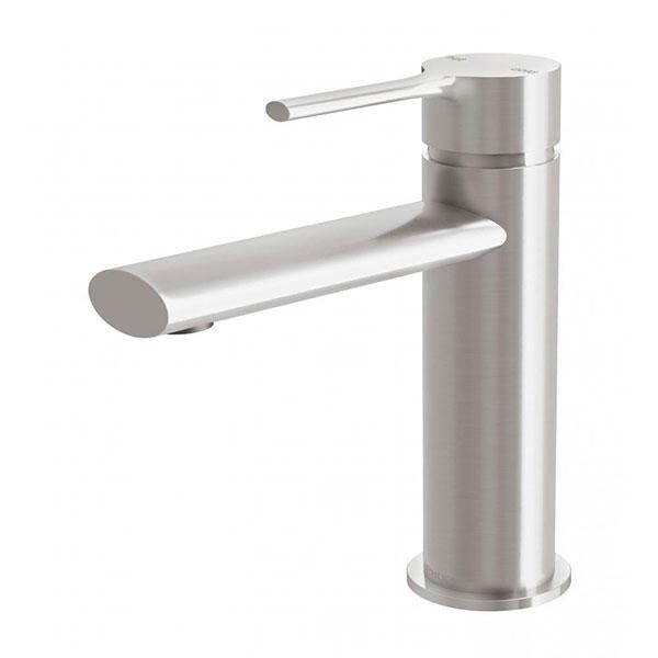 Phoenix Vivid Slimline oval basin mixer in brushed nickel, hob mounted with slim lever handle on white background