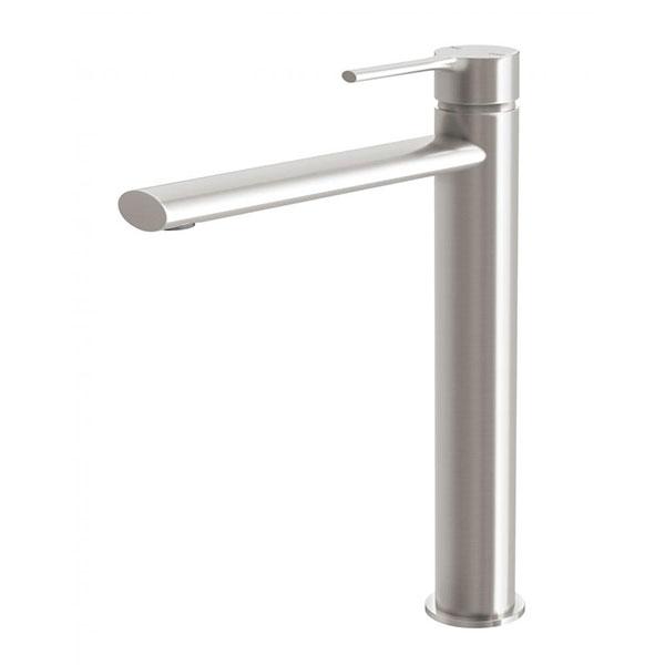 Phoenix Vivid Slimline oval vessel mixer tap in brushed nickel, tall slimline hob-mounted design, side view on white background