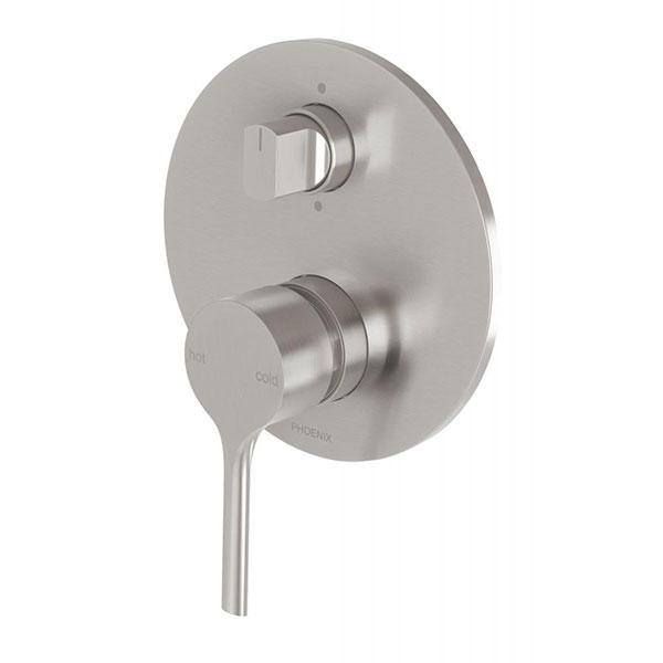 Phoenix Vivid Slimline oval shower bath diverter mixer in brushed nickel, wall-mounted full set with lever handle and switch knob