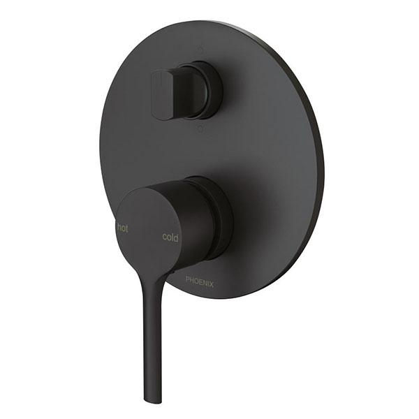 Phoenix Vivid Slimline Oval SwitchMix shower/bath diverter mixer, matte black wall mixer with oval plate and lever handle