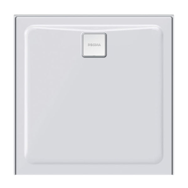 Decina Luna 1000 rear outlet shower base, white square acrylic base with chrome waste cover, top view