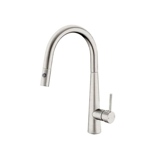 Nero Dolce pull out sink mixer in brushed nickel, with arched gooseneck spout and side lever handle on white background