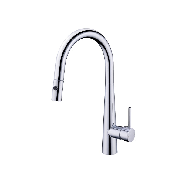 Nero Dolce chrome pull out sink mixer tap with curved spout and side lever, shown on white background