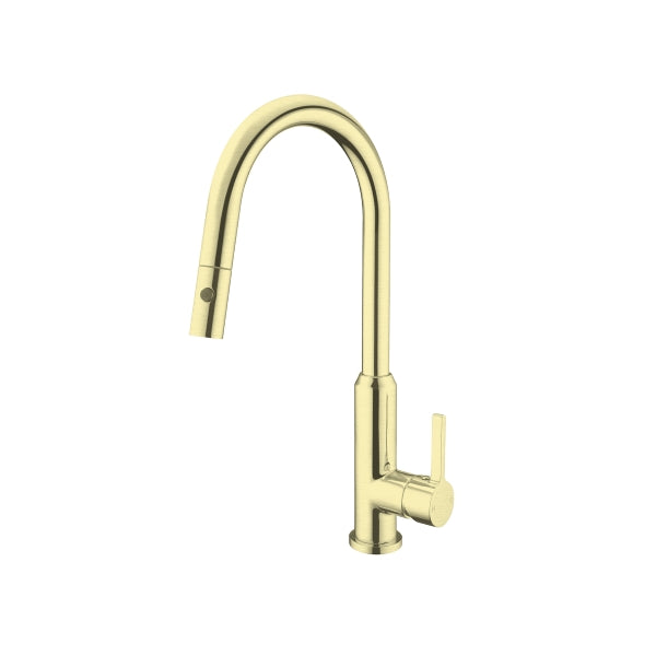 Nero Pearl pull out sink mixer in brushed gold, with curved gooseneck spout and side lever handle